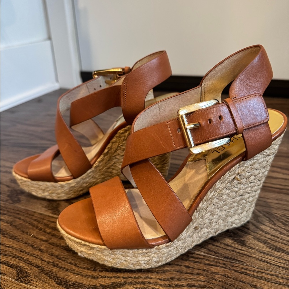 MICHAEL Michael Kors Tan Leather Wedge Sandals